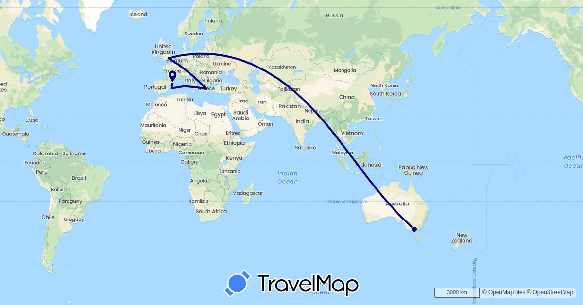 TravelMap itinerary: driving in Australia, Spain, United Kingdom, Greece, Italy (Europe, Oceania)
